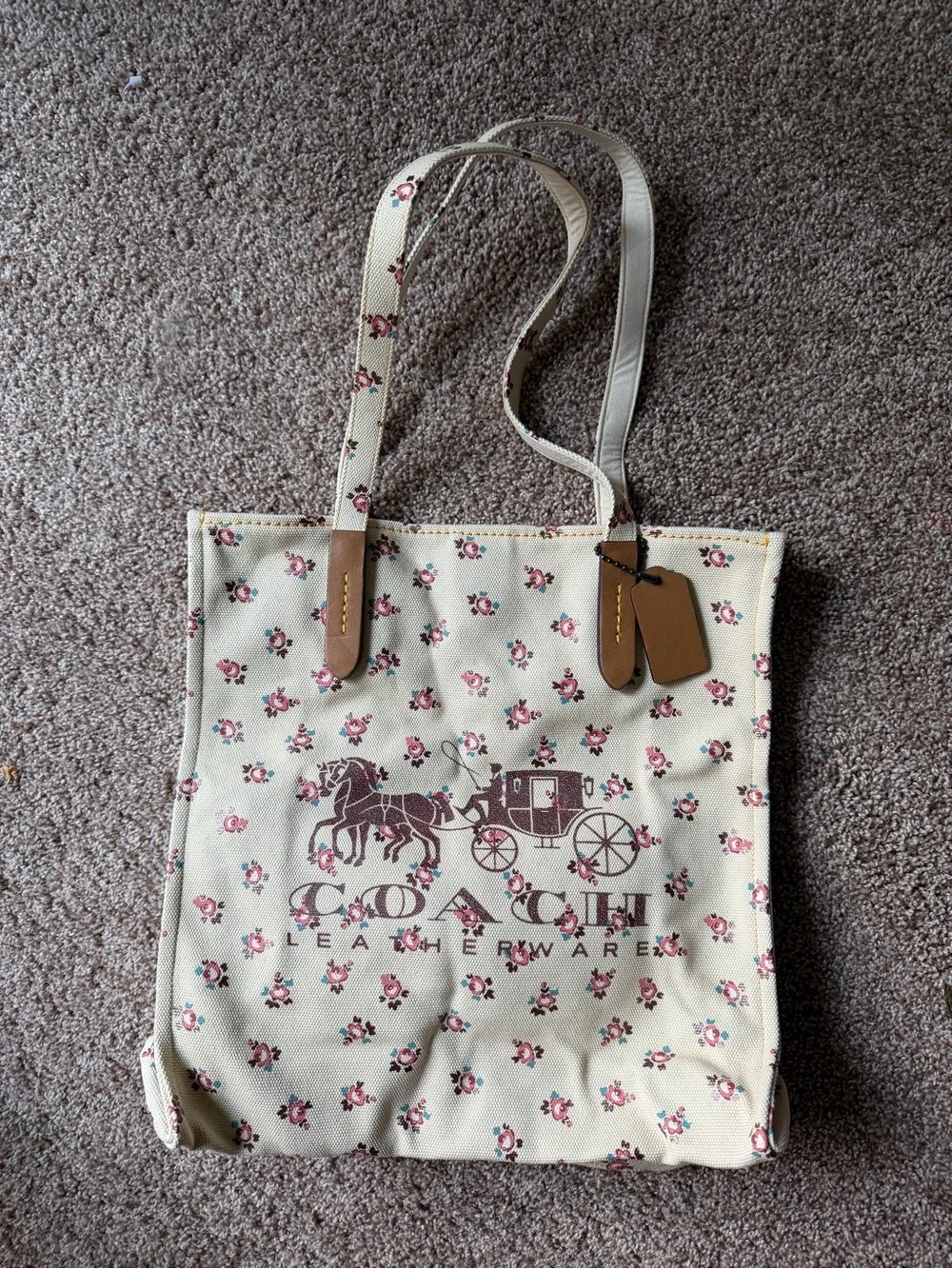 Coach Cream Canvas Tote with Pink Floral Print